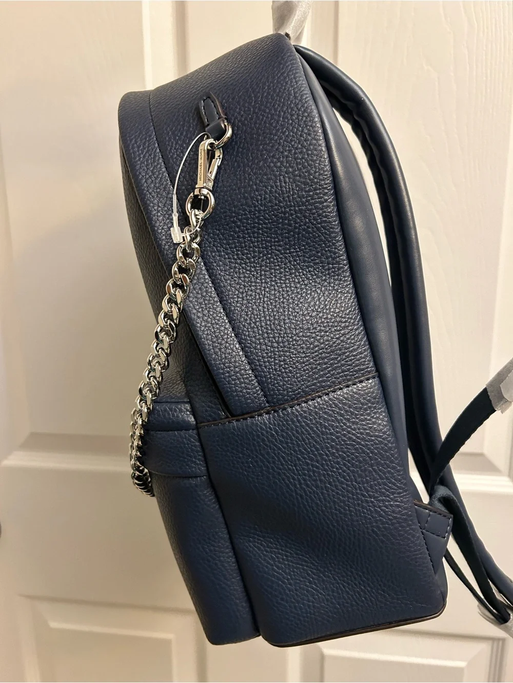 Michael Kors Navy Pebbled Leather Backpack with Silver Chain